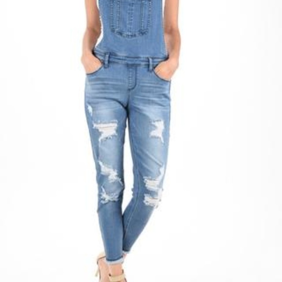Denim - Distressed overall jeans with open back